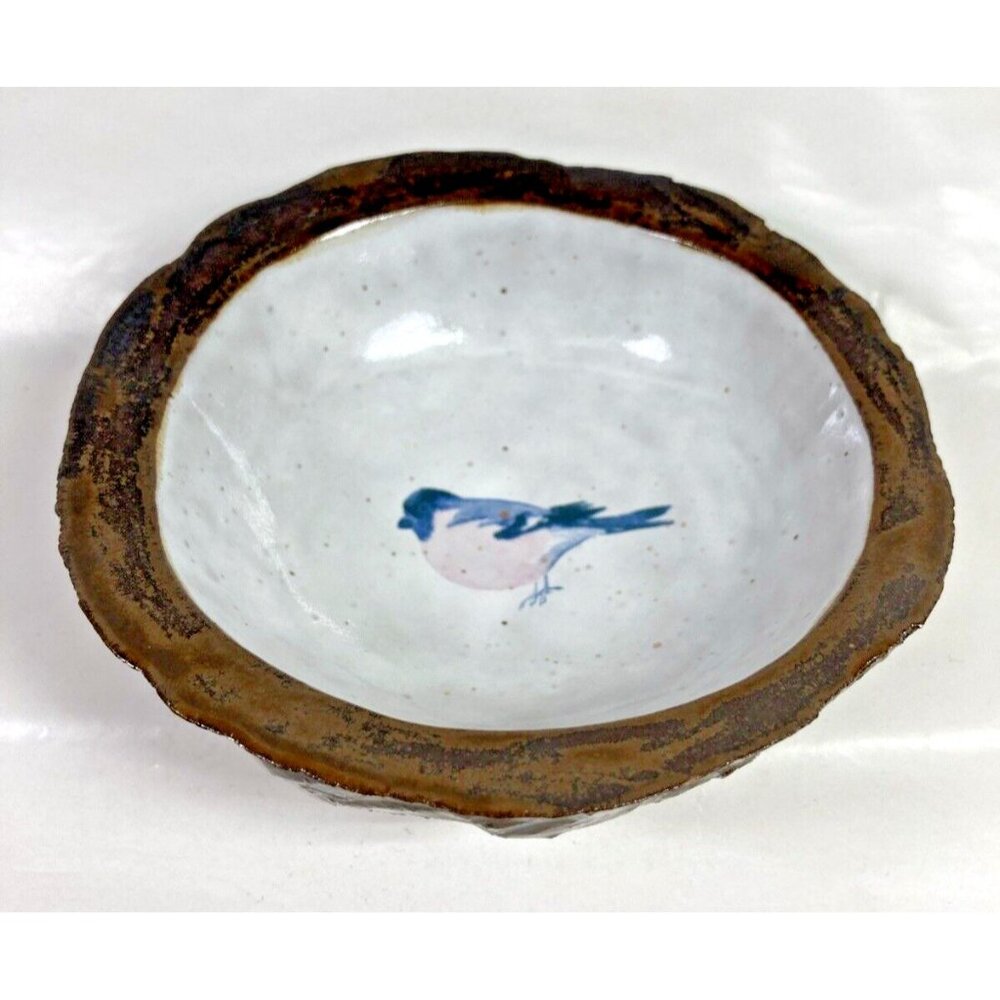 Looks Like Carved Stone Studio Pottery Hand Painted Bird Finch Trinket Bowl